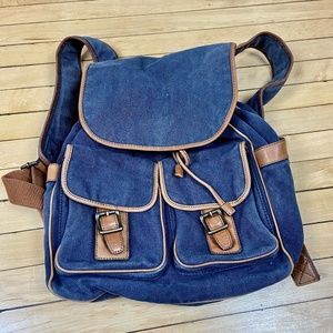 Fossil Navy Canvas Brown Leather Backpack